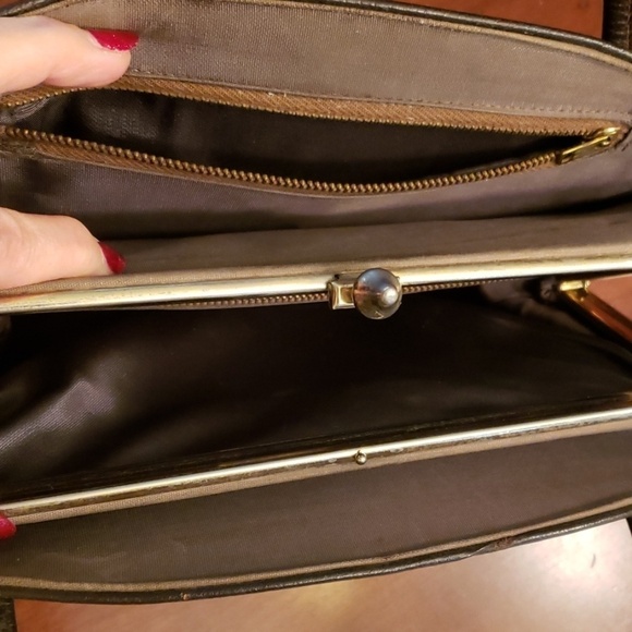 Vtg Rambler by Kodin Pebble Leather Handbag Brown Kiss Clasp Multiple Pockets - Picture 5 of 15